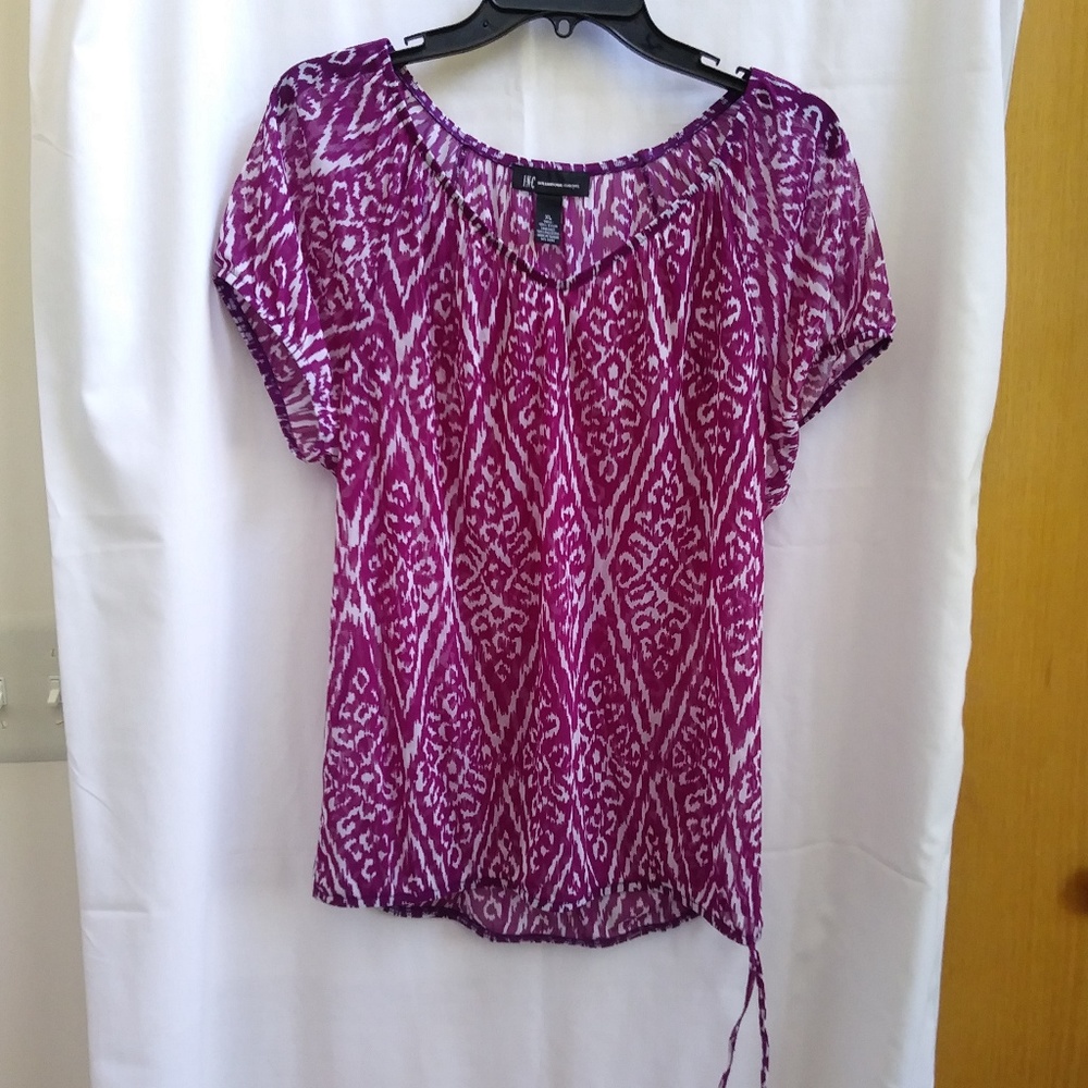 INC Blouse Pink & White Sheer Elastic Scoop Neck